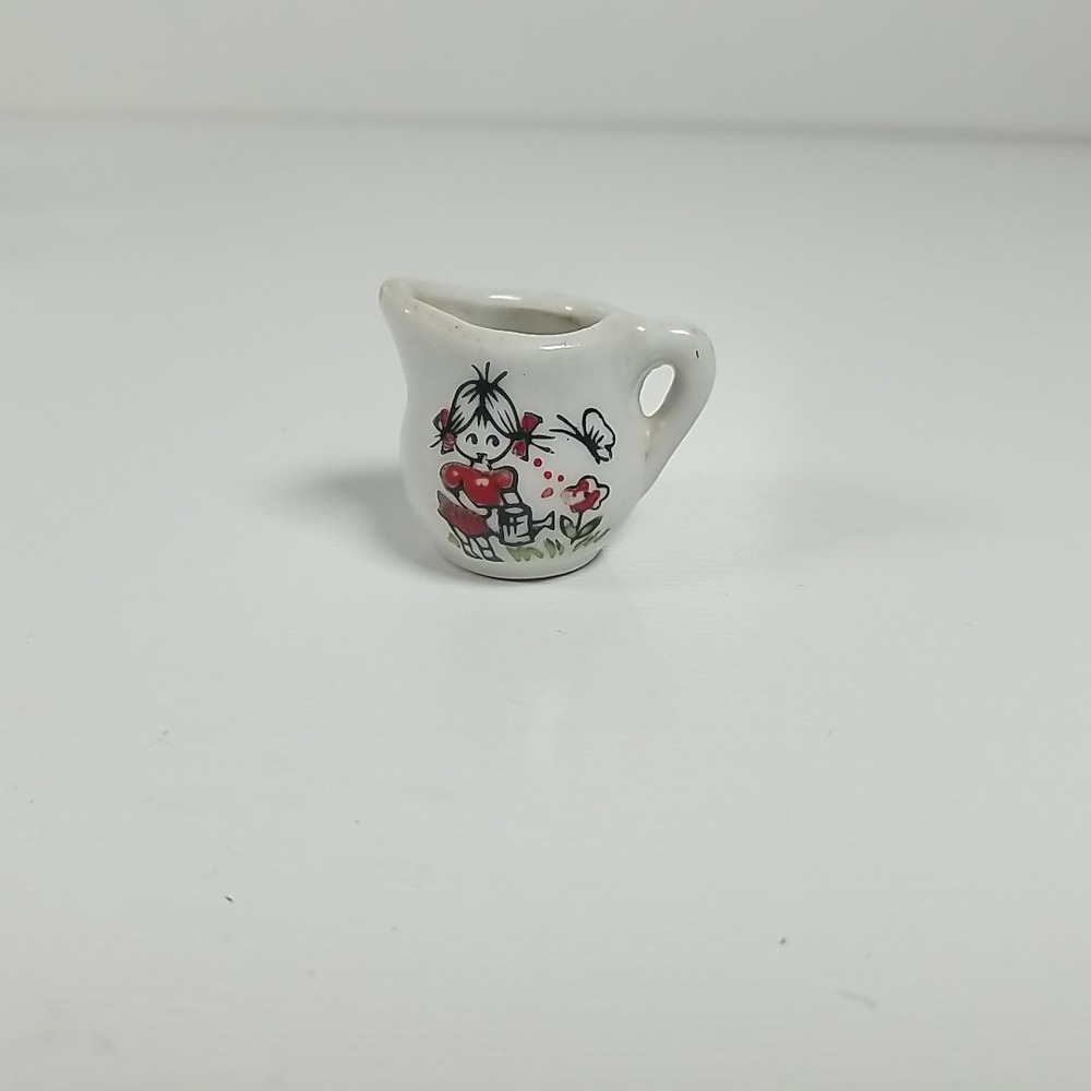Miniature Vintage Hand Painted Porcelain Pitcher‎ With Little Girl Design